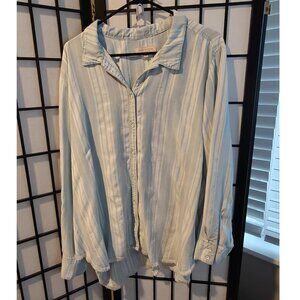 Side Stitch Natural Fiber Frayed Hem Button Down Shirt Blue Striped XL Festival